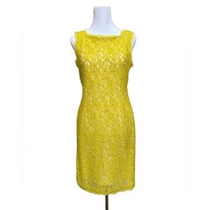 ADRIANNA PAPELL BOATNECK LACE OVERLAY Yellow/Ivory SHEATH DRESS Size 6